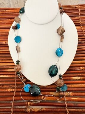 Blue & Brown Layered Beaded Necklace — Elegant Multi-Bead Design 36”